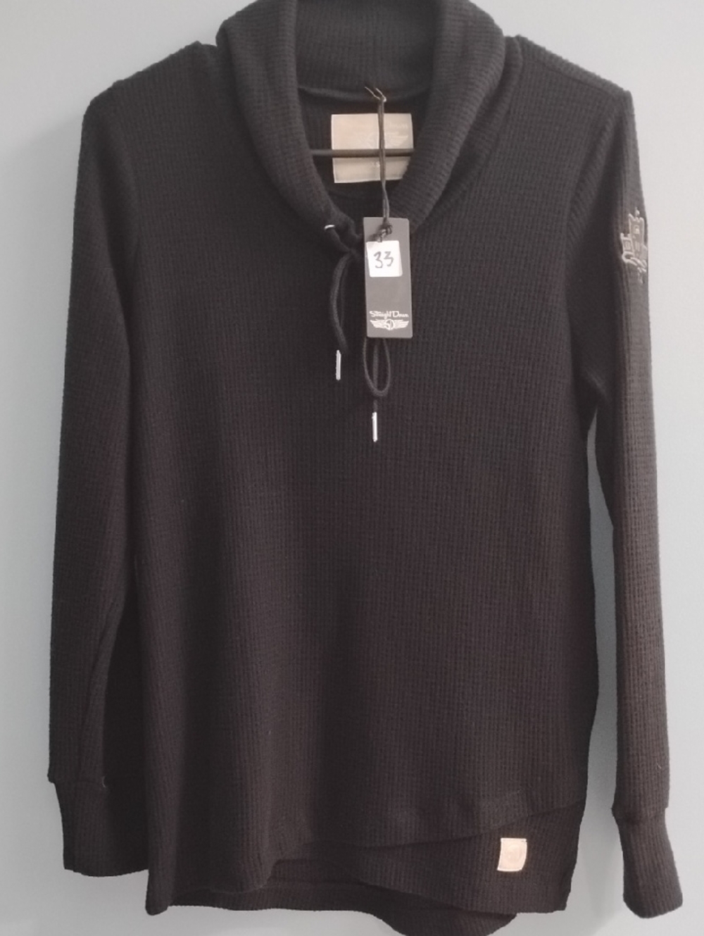 NWT Straight Down Black Shawl-Collar Long Sleeve Waffle Knit Top Size XS